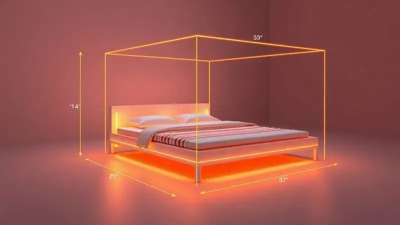 Ilustração conceitual 3D focada em dimensões e estrutura técnica de uma cama de grandes proporções.