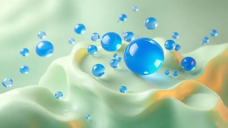 Representação conceitual em 3D de camadas de gel azul e espuma orgânica verde destacando tecnologias de conforto.