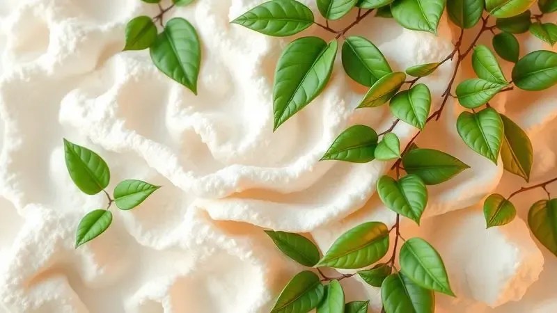 Representação conceitual 3D de espuma sustentável de poliol vegetal e elementos naturais verdes.