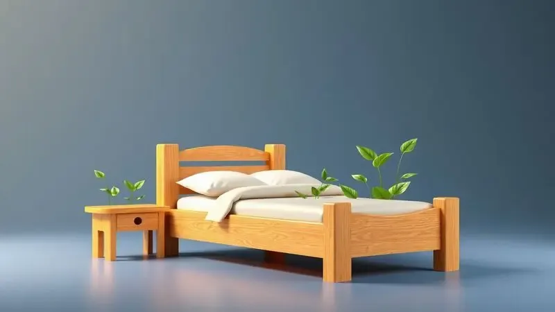 Representação artística de uma estrutura de madeira sustentável com folhas verdes integradas ao design conceitual.