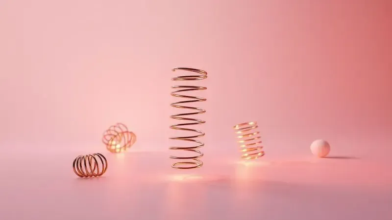 Visualização conceitual 3D de molas ensacadas flutuando em um ambiente minimalista com iluminação suave e cores quentes.