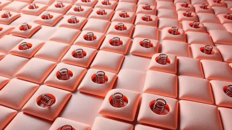Representação visual 3D das molas ensacadas individualmente em um colchão moderno e tecnológico.