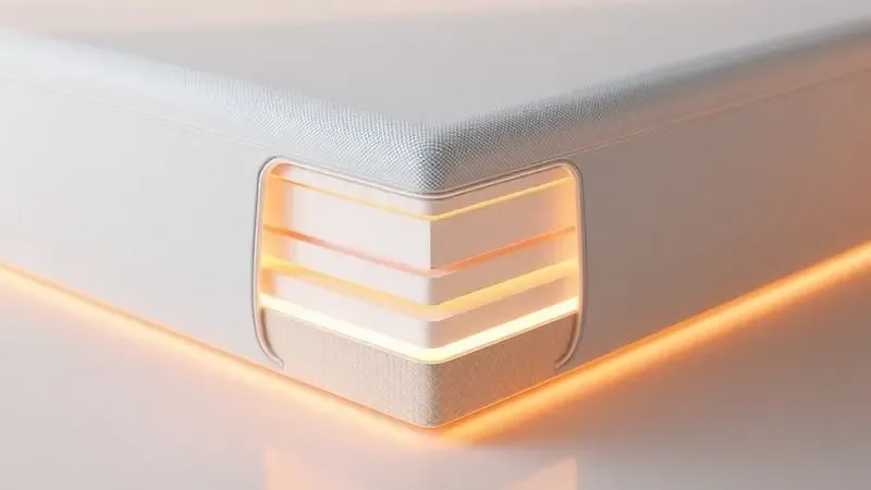 Estrutura interna de suporte e estabilidade de colchão em renderização 3D detalhando as camadas de espuma e densidade.