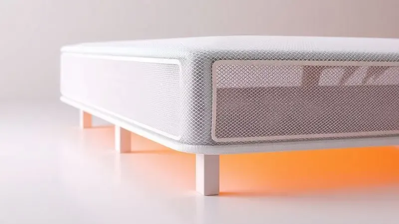 Representação 3D da estrutura de suporte lateral e tecido respirável de um colchão moderno.