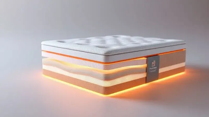 Ilustração conceitual em 3D das camadas internas de um colchão premium com foco em materiais de conforto.
