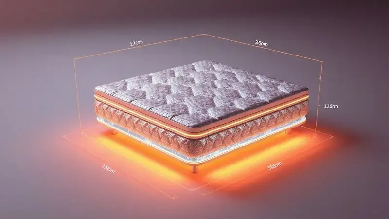 Infográfico conceitual em 3D mostrando a estrutura técnica de um colchão moderno com linhas geométricas.