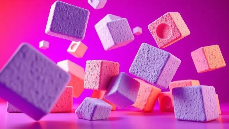 Blocos conceituais em 3D representando diferentes densidades e texturas de espuma para colchões em cores vibrantes.