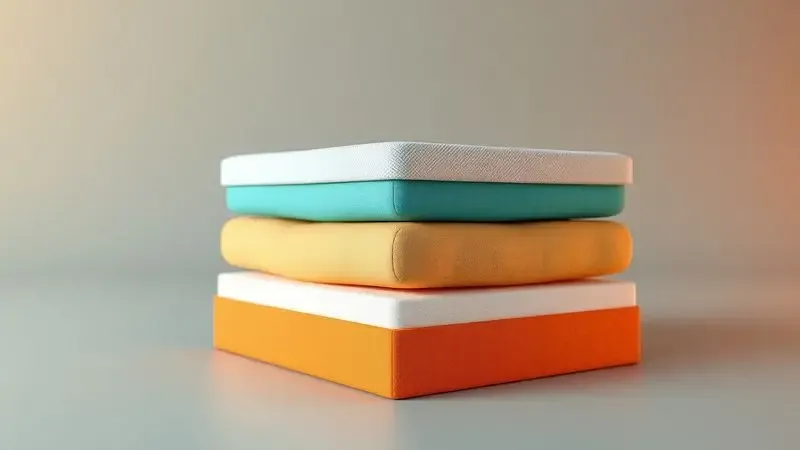 Ilustração conceitual 3D das camadas internas de um colchão ortopédico com cores vibrantes e iluminação suave.