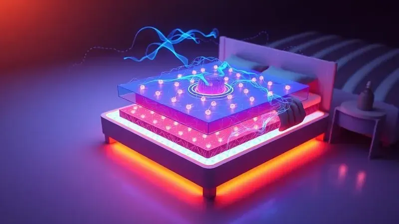 Visão interna conceitual em 3D das camadas de um colchão magnético com fluxo de energia azul e violeta.