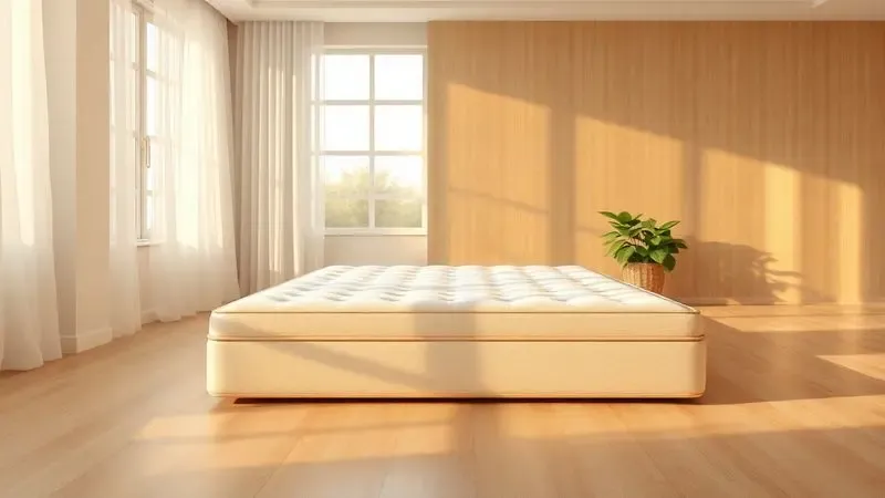 Ilustração 3D de um colchão impecável em um ambiente ensolarado, representando durabilidade e longevidade.