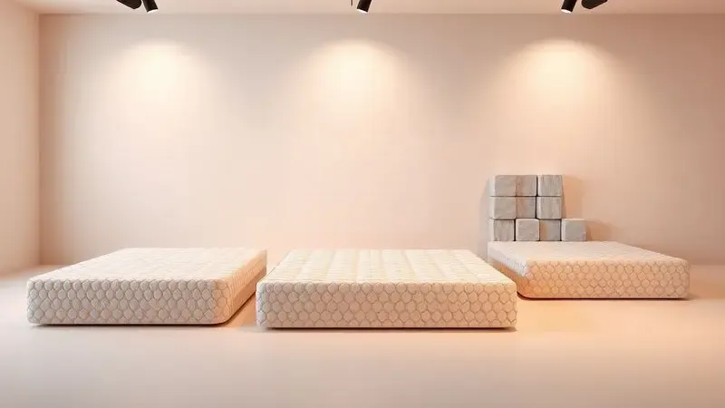 Três modelos diferentes de colchões conceituais com texturas variadas em um ambiente de design moderno.