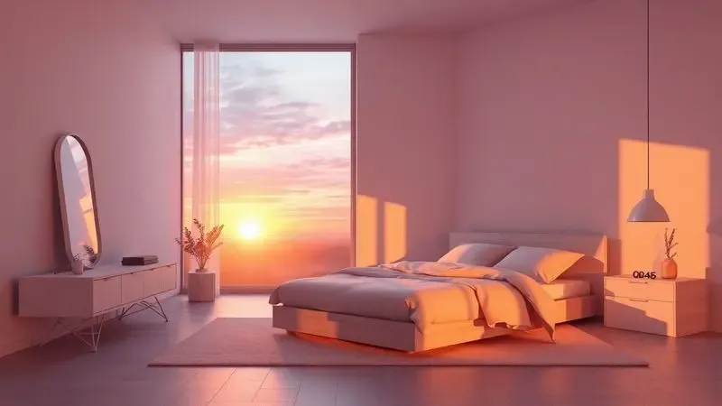 Quarto minimalista com iluminação de pôr do sol destacando uma cama confortável e ambiente acolhedor.