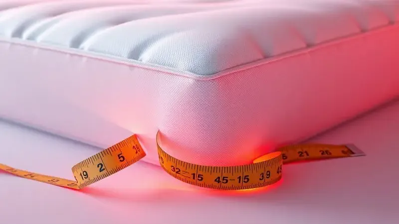 Ilustração 3D conceitual de uma fita métrica medindo a espessura de um pillow top em um colchão macio.