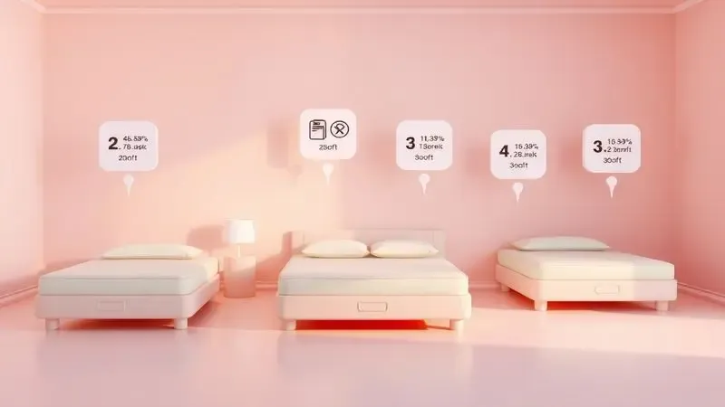 Ícones 3D conceituais representando diferentes tamanhos e medidas de colchão em um ambiente minimalista.