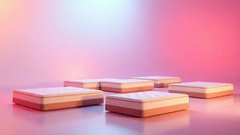 Cena abstrata em 3D com diferentes tamanhos de colchões estilizados e ícones de medição em um ambiente de design moderno.