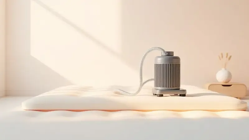 Visualização 3D de um motor e colchão pneumático sendo instalados de forma organizada e simples.