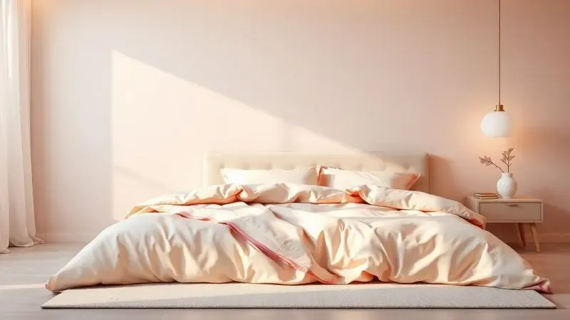 Renderização 3D conceitual de um quarto moderno e acolhedor com cama estilizada em tons pastéis e iluminação suave.