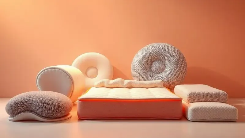 Composição 3D de diferentes texturas e materiais de colchões hospitalares sob iluminação de estúdio.