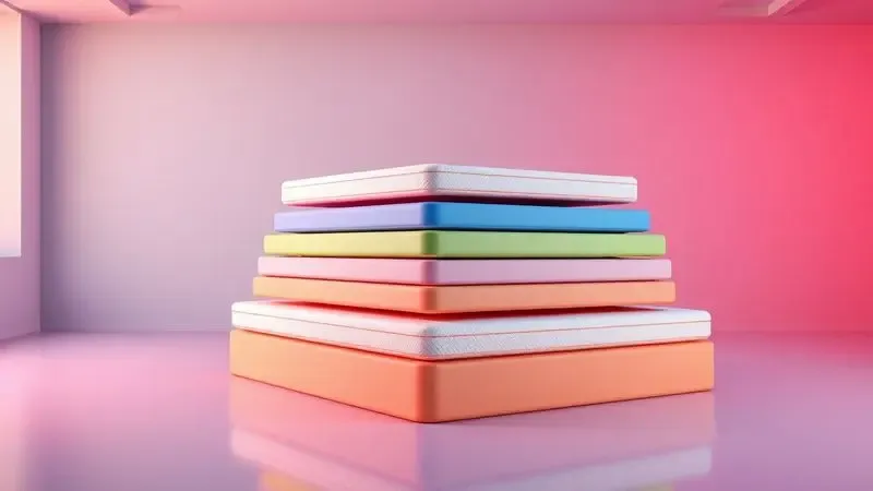 Gráfico conceitual 3D mostrando diferentes dimensões de colchões em blocos coloridos e organizados.