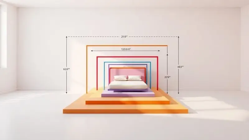 Comparativo visual em 3D de diferentes proporções de colchões representados por molduras coloridas em um ambiente minimalista.