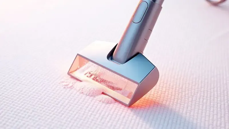 Representação 3D de bocal de aspirador moderno higienizando a superfície de um colchão branco sem marcas.