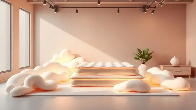 Representação conceitual em 3D da fabricação e qualidade de colchões com elementos de design moderno e cores quentes.