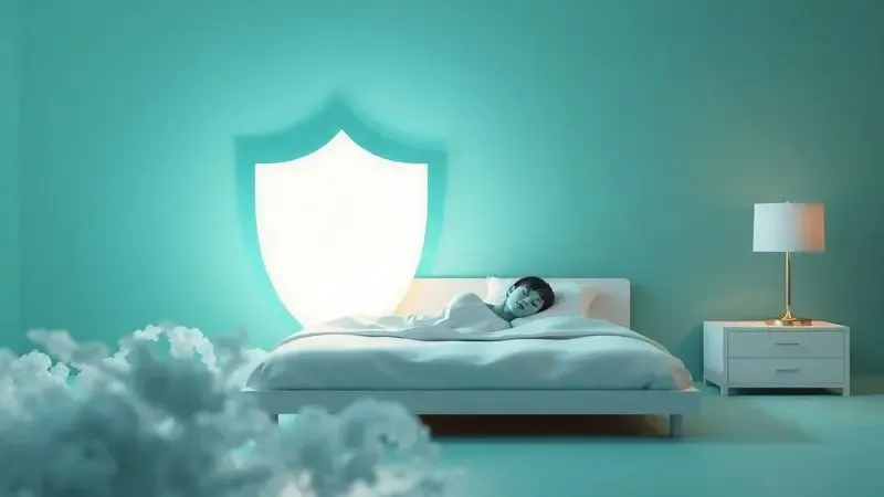 Representação 3D conceitual de um escudo de luz protegendo uma cama, simbolizando saúde respiratória e pureza no ambiente.