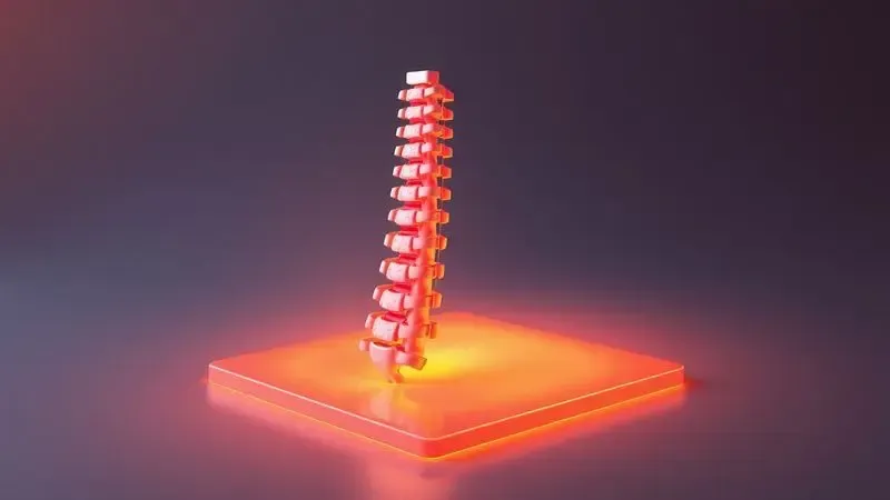 Visualização 3D conceitual de uma coluna vertebral perfeitamente alinhada sobre uma superfície de suporte ortopédico vibrante.