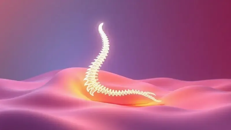 Ilustração conceitual 3D de uma coluna vertebral alinhada sobre uma superfície macia e colorida.