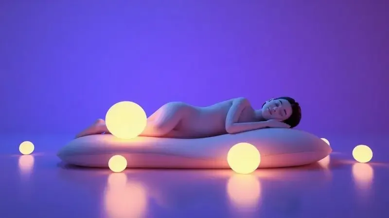 Ilustração 3D de uma silhueta relaxada simbolizando o alinhamento da coluna e o sono profundo e saudável.