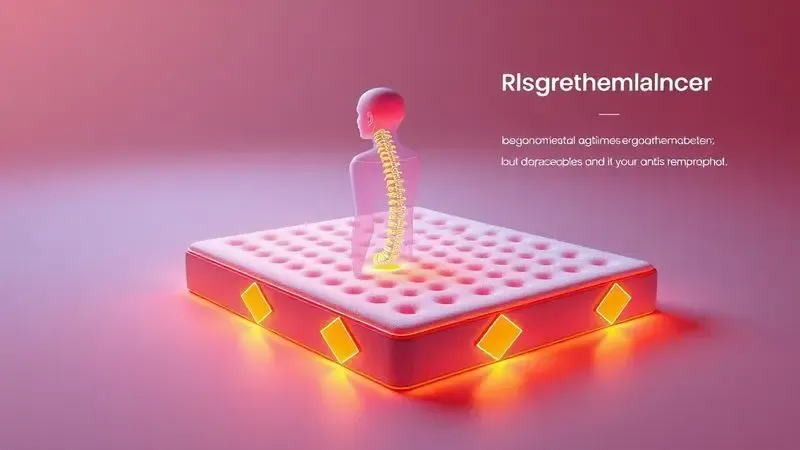 Ilustração conceitual 3D mostrando o alinhamento da coluna e suporte ergonômico em um colchão estilizado.