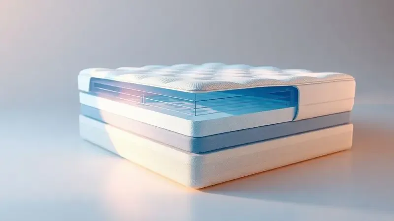 Representação visual conceitual das camadas de conforto e suporte de um colchão hospitalar de alta tecnologia.