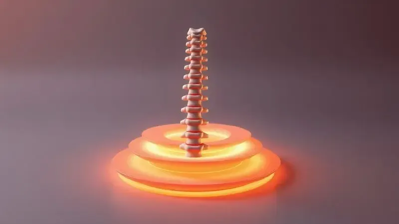 Ilustração 3D conceitual de uma coluna vertebral alinhada sobre camadas de suporte ergonômico simbolizando saúde.