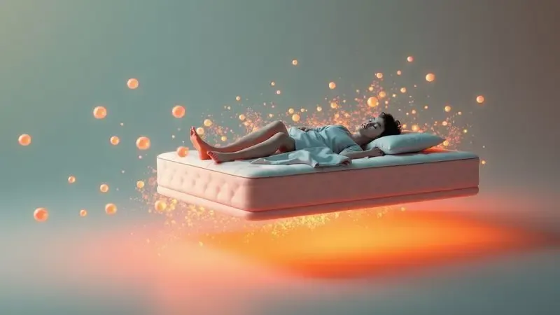 Ilustração 3D conceitual de uma pessoa dormindo em um colchão flutuante simbolizando saúde e descanso profundo.