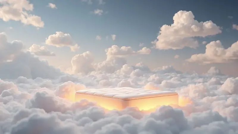 Cena conceitual em 3D representando a qualidade do sono com elementos oníricos e cores suaves e acolhedoras.