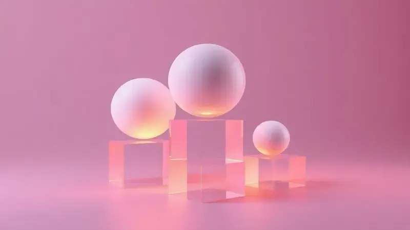 Ilustração 3D conceitual de equilíbrio e suporte estrutural com formas geométricas em tons pastéis e vibrantes.
