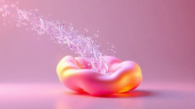 Ilustração 3D conceitual mostrando o fluxo de ar entrando em um colchão inflável com cores vivas e iluminação dinâmica.