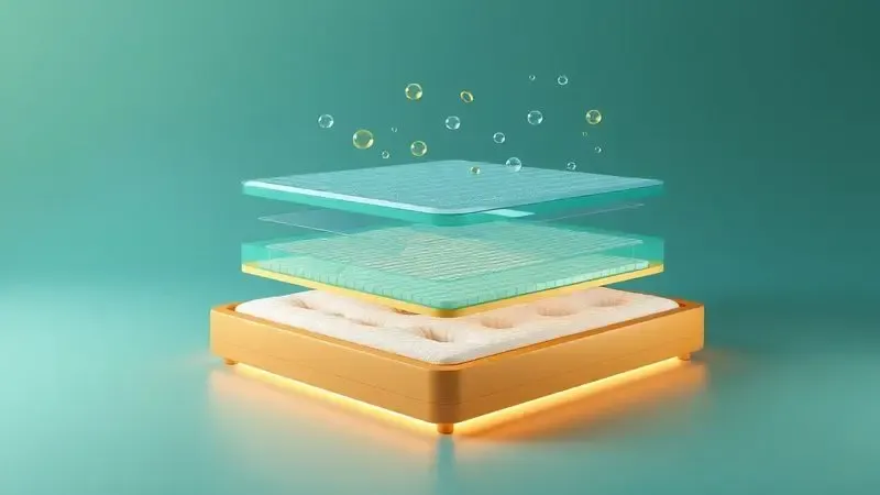 Renderização 3D conceitual mostrando a estrutura de suporte de uma base de cama confortável com cores vibrantes e iluminação quente.