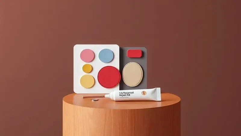 Kit de reparo conceitual com remendos coloridos e tubos de adesivo em uma composição geométrica 3D minimalista.
