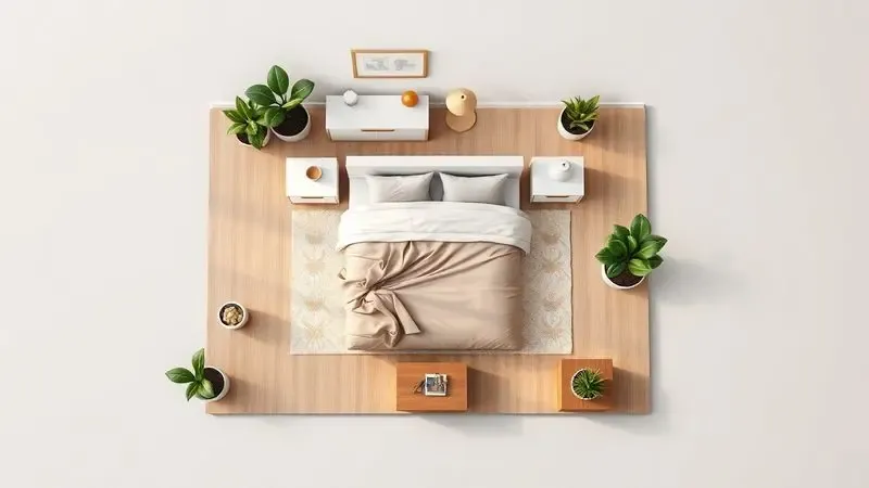 Planta baixa isométrica em 3D de um quarto planejado com colchão king size e circulação ideal de espaço entre os móveis.