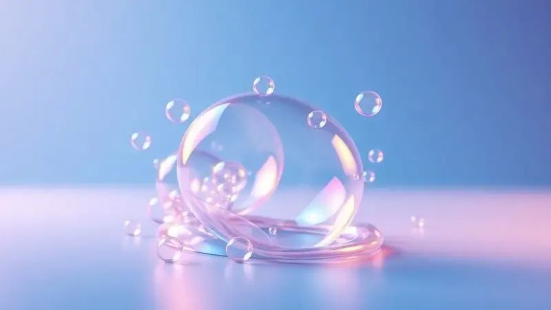 Bolhas de sabão coloridas e translúcidas sobre uma superfície azul macia em render 3D, simbolizando a busca por vazamentos.