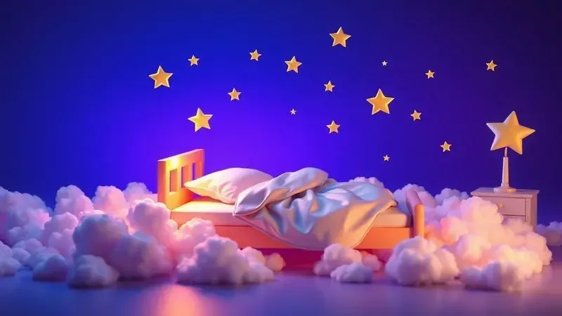 Ilustração 3D conceitual de uma noite de sono perfeita com nuvens macias e estrelas ao redor de uma cama estilizada.
