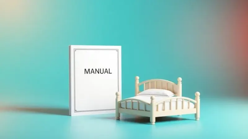 Ícone conceitual 3D de um guia de cuidados e manutenção posicionado ao lado de uma cama minimalista.