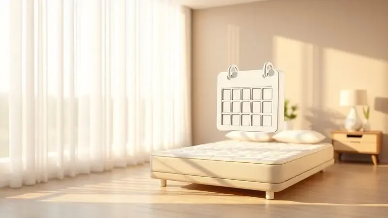 Cronograma de manutenção mensal para colchão guardado, ilustrado com elementos conceituais em 3D.