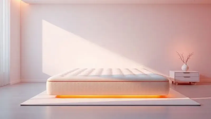 Representação conceitual 3D de um colchão moderno e confortável em um quarto com iluminação suave.