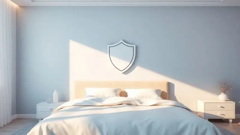 Representação conceitual 3D de um selo de qualidade flutuando sobre uma cama aconchegante, simbolizando confiança na marca.