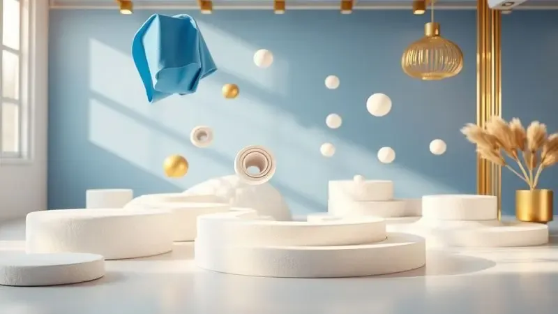 Representação 3D abstrata de camadas de espuma e tecidos de alta qualidade em um ambiente de design moderno.