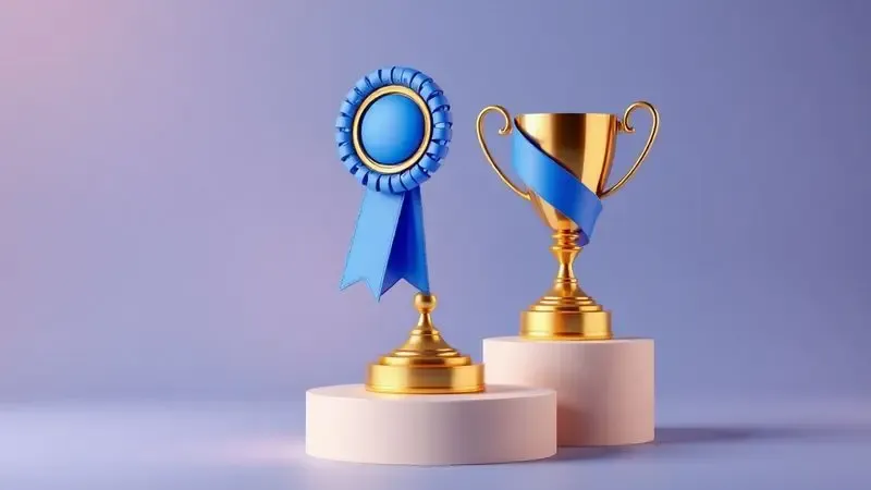 Ícones de medalha e troféu dourado em 3D representando as marcas de colchão com melhores classificações.
