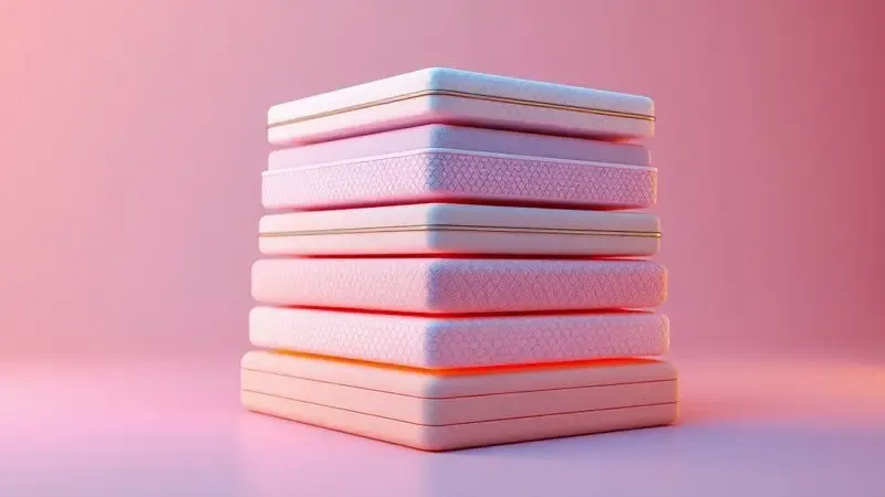 Renderização 3D de camadas de espumas tecnológicas e materiais flexíveis de um colchão de alta qualidade em ambiente iluminado.