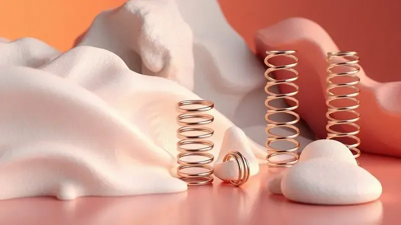 Texturas conceituais em 3D representando diferentes materiais de colchão como espuma e molas.